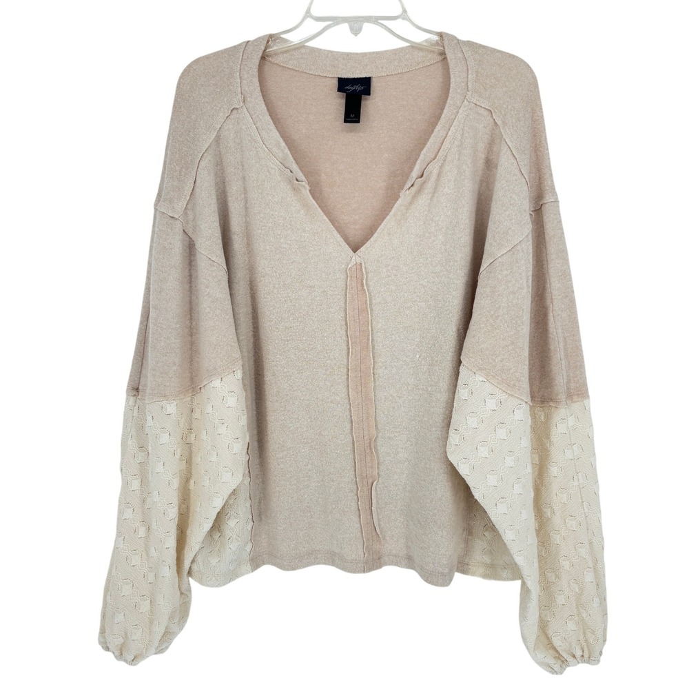 Daytrip Beige Lace Layered Sleeve V Neck Sweater Oversized Cozy M Boho Casual
